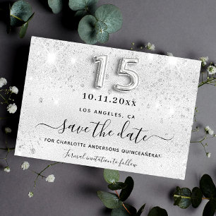 Quinceanera silver glitter sparkles glamourous save the date