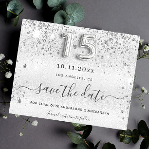 Quinceanera silver glitter sparkles save the date flyer