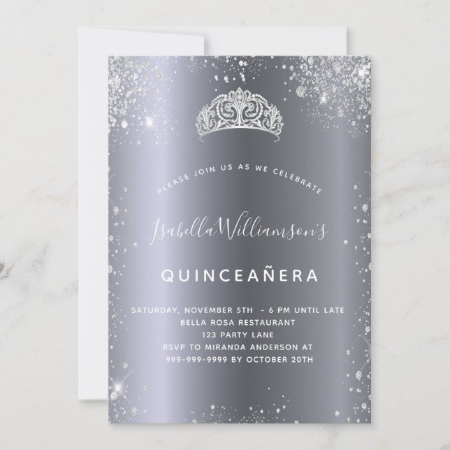 Quinceanera silver glitter tiara crown invitation (Front)