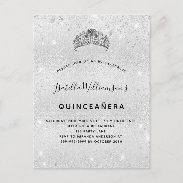 Quinceanera silver glitter tiara crown invitation postcard (Front)
