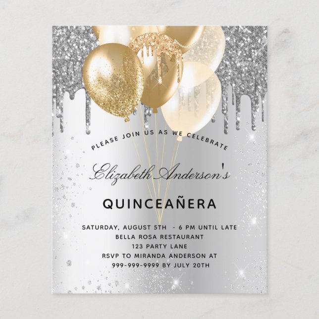 Quinceanera silver gold balloons budget invitation flyer (Front)