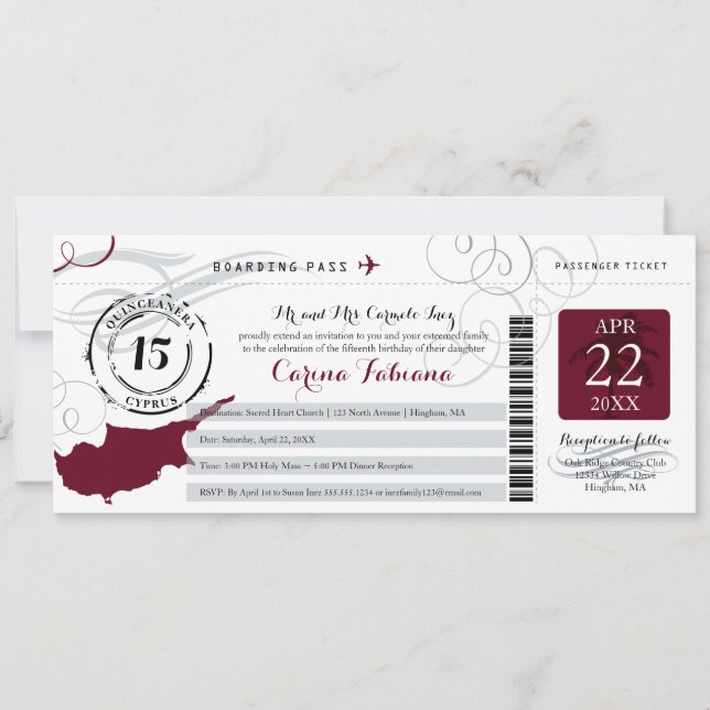 Quinceanera Silver Grey and Burgundy CYPRUS Invitation (Front)