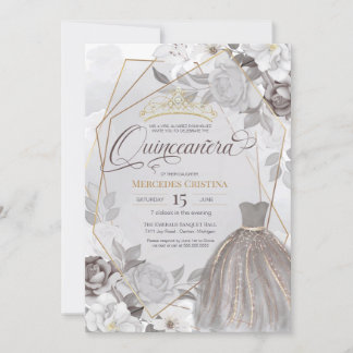 Quinceañera silver grey gold fancy Tiara & gown Invitation