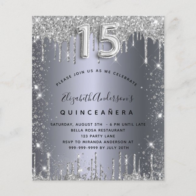 Quinceanera silver metal glitter budget invitation flyer (Front)
