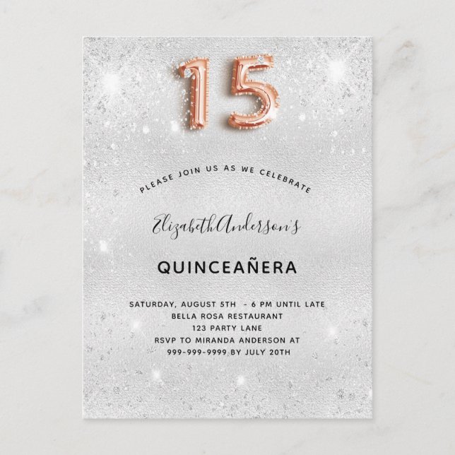 Quinceanera silver metal rose gold glitter dust invitation postcard (Front)