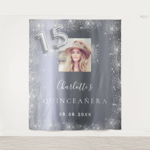 Quinceanera silver photo glitter welcome tapestry