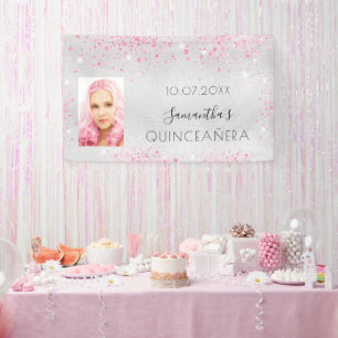 Quinceanera silver photo purple glitter monogram banner