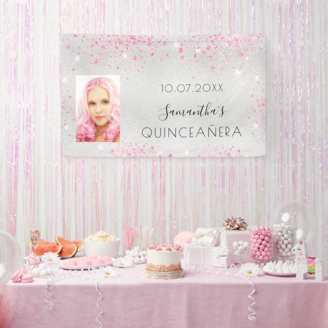 Quinceanera silver photo purple glitter monogram banner (Party)