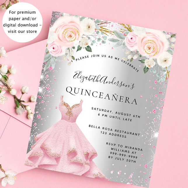 Quinceanera silver pink dress budget invitation (Creator Uploaded)