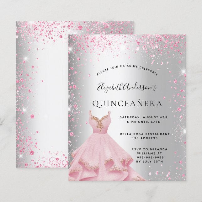 Quinceanera silver pink dress budget invitation (Front/Back)