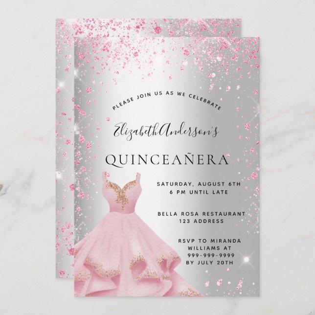 Quinceanera silver pink dress glitter dust invitation (Front/Back)