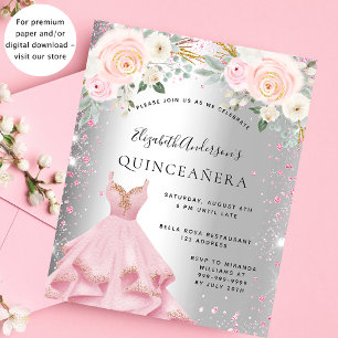 Quinceanera silver pink dress glitter invitation flyer