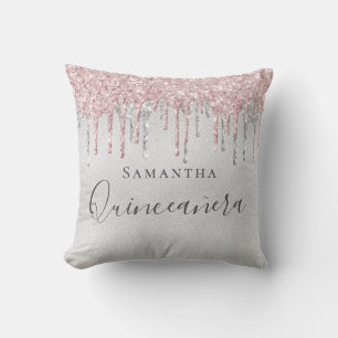 Quinceanera silver pink glitter drip monogram name cushion