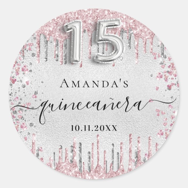 Quinceanera silver pink glitter drips name classic round sticker (Front)