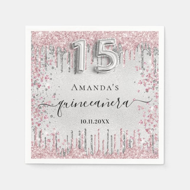 Quinceanera silver pink glitter drips name napkin (Front)