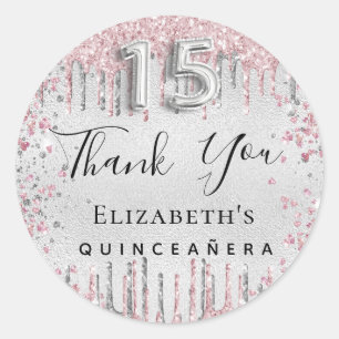 Quinceanera silver pink glitter drips thank you classic round sticker