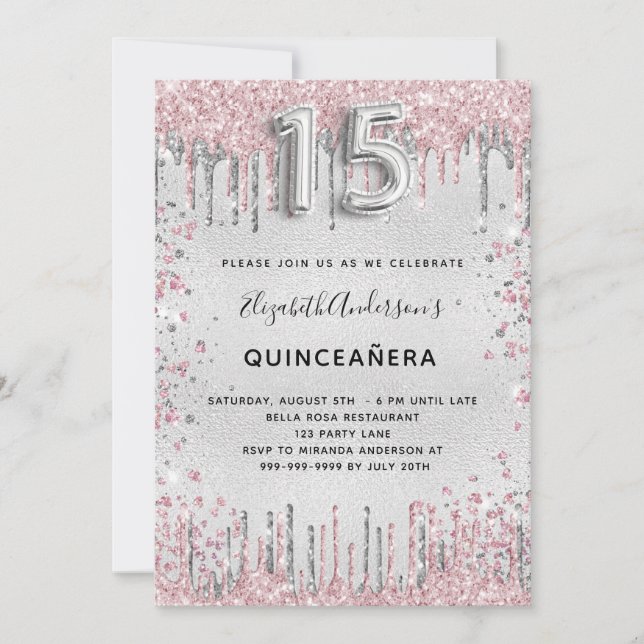 Quinceanera silver pink glitter invitation (Front)