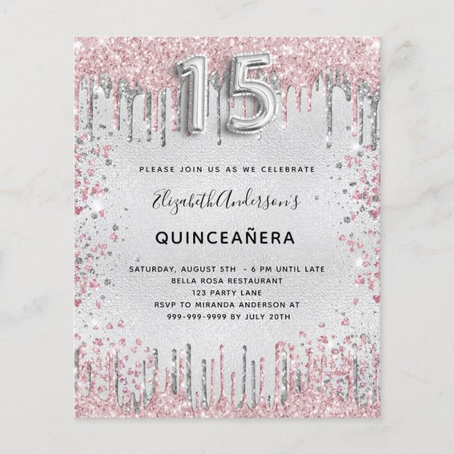 Quinceanera silver pink glitter invitation (Front)