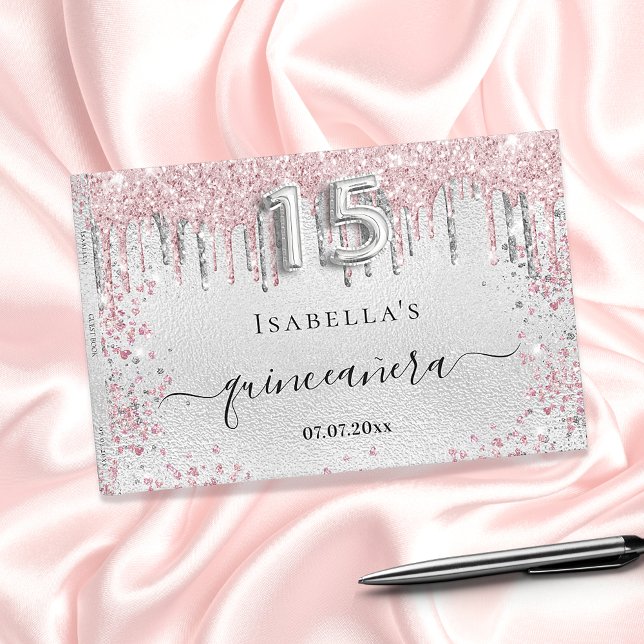 Quinceanera silver pink glitter name script guest book (Creator Uploaded)