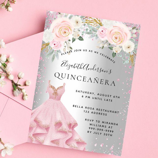 Quinceanera silver pink sparkles dress luxury invitation (Creator Uploaded)