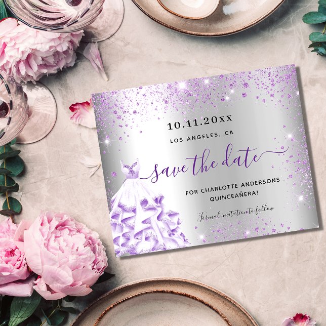 Quinceanera silver purple budget save the date flyer (Creator Uploaded)