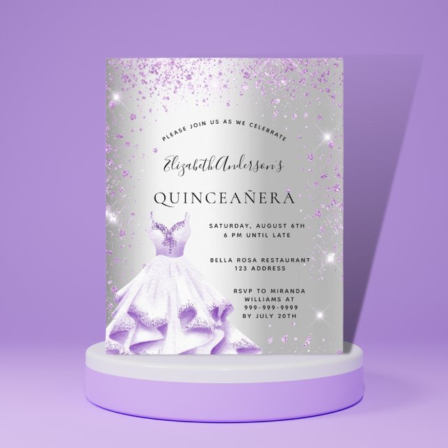 Quinceanera silver purple dress glitter glam invitation (Creator Uploaded)
