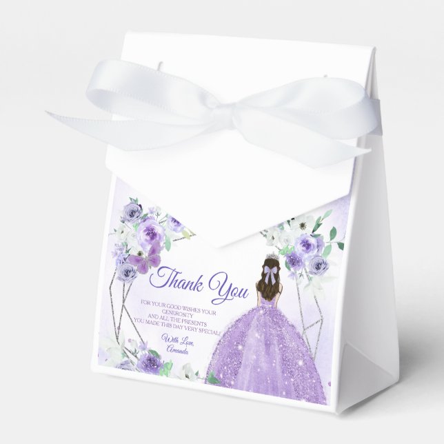 Quinceañera Silver & Purple Flowers Party Favour Box (Front Side)