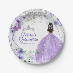 Quinceañera Silver & Purple Flowers watercolor Paper Plate