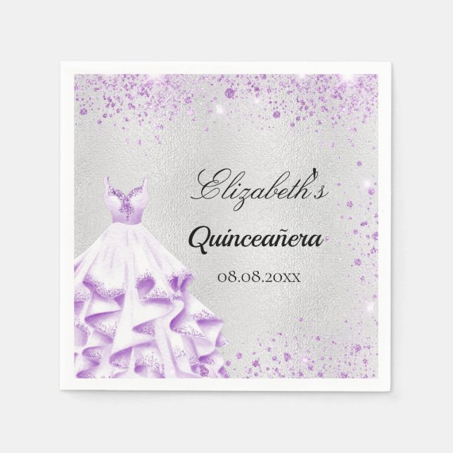 Quinceanera silver purple glitter dress napkin (Front)