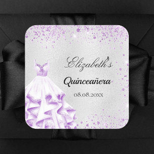 Quinceanera silver purple glitter dress square sticker