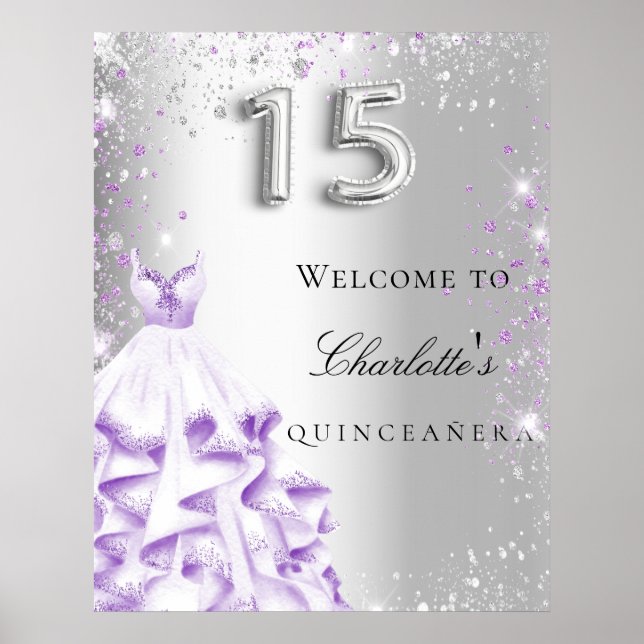 Quinceanera silver purple glitter dress welcome poster (Front)