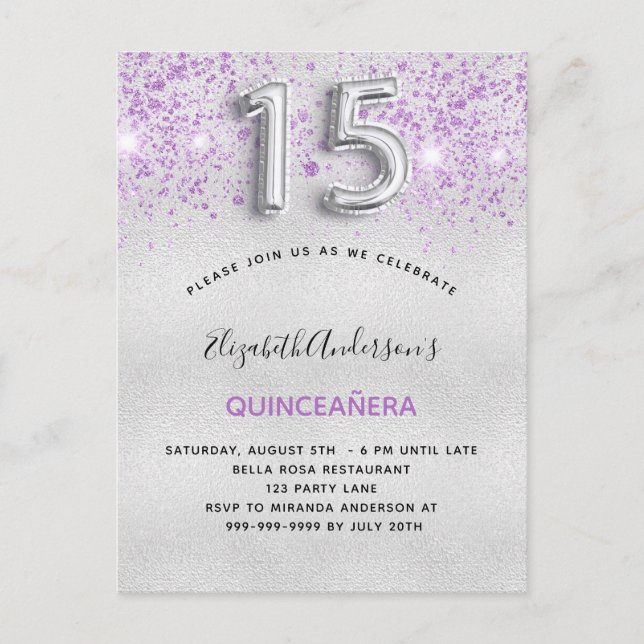Quinceanera silver purple glitter drops invitation postcard (Front)