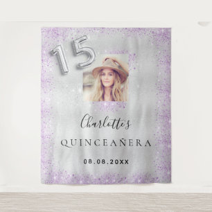 Quinceanera silver purple glitter photo welcome tapestry