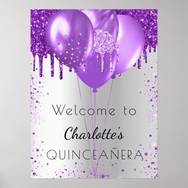 Quinceanera silver purple glitter welcome balloons poster (Front)