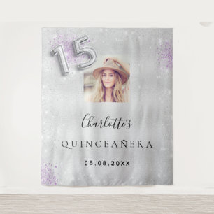 Quinceanera silver purple photo glitter welcome tapestry