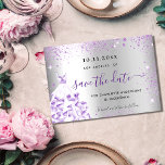 Quinceanera silver purple sparkles save the date<br><div class="desc">A girly and trendy Save the Date for a Quinceañera,  15th birthday party. A faux silver looking background decorated with purple,  violet faux glitter sparkles. Personalize and add a date and name/age. The text: Save the Date is written with a large trendy hand lettered style script.</div>