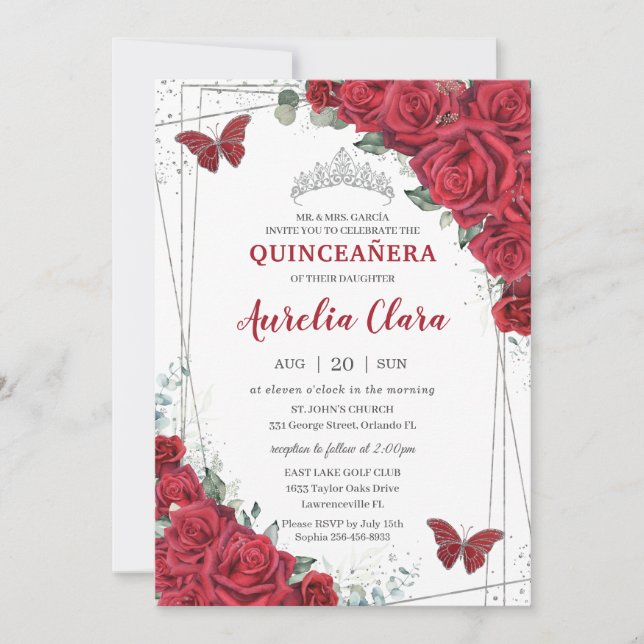 Quinceañera Silver Red Roses Floral Butterflies Invitation (Front)