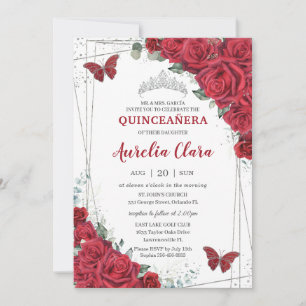 Quinceañera Silver Red Roses Floral Butterflies Invitation