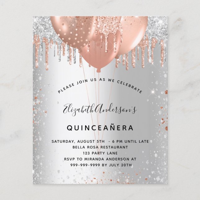 Quinceanera silver rose gold balloons budget flyer (Front)