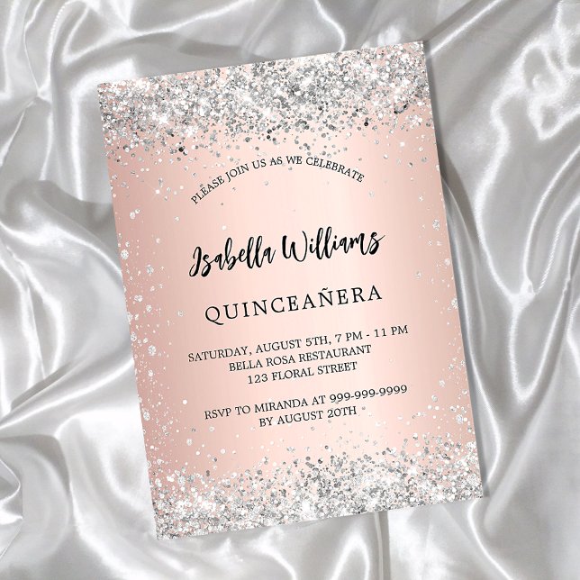 Quinceanera silver rose gold blush sparkles invitation postcard (Creator Uploaded)