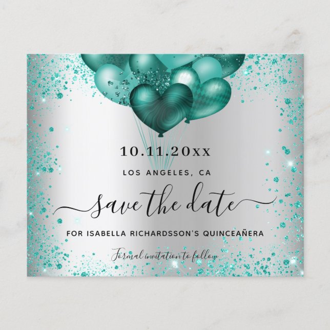 Quinceanera silver teal budget save the date flyer (Front)