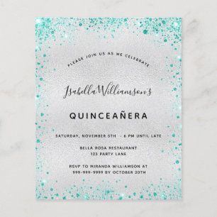Quinceanera silver teal glitter budget invitation flyer