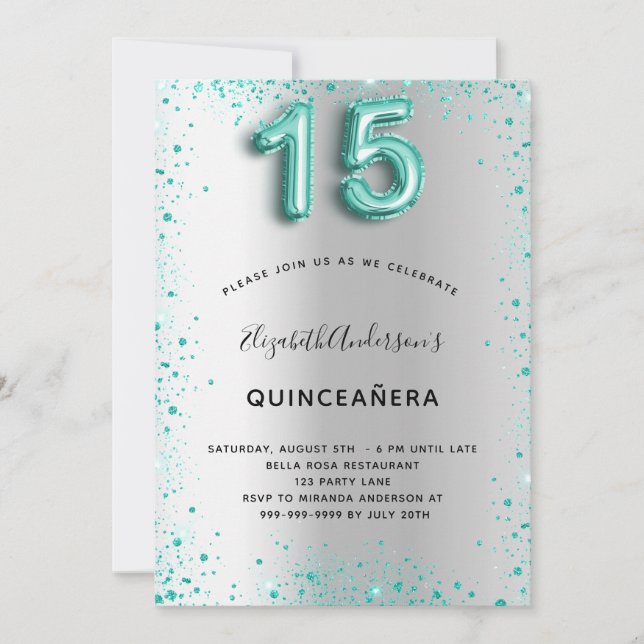 Quinceanera silver teal glitter glamourous invitation (Front)