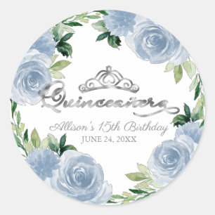 Quinceanera Silver Tiara Light Blue Floral Classic Round Sticker