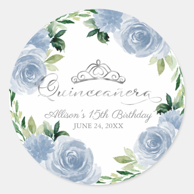 Quinceanera Silver Tiara Light Blue Floral Classic Round Sticker (Front)