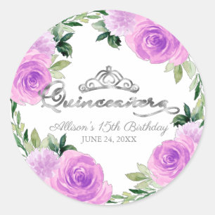 Quinceanera Silver Tiara Light Purple Floral Classic Round Sticker