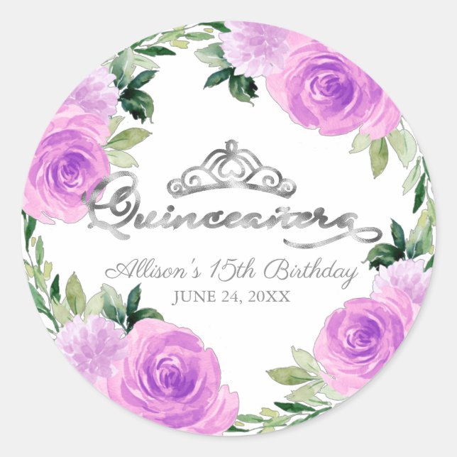 Quinceanera Silver Tiara Light Purple Floral Classic Round Sticker (Front)