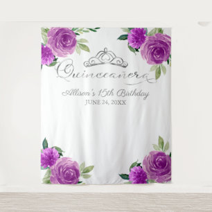 Quinceanera Silver Tiara Purple Floral Backdrop Tapestry