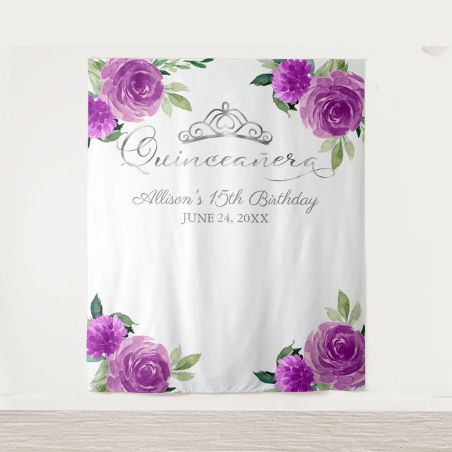 Quinceanera Silver Tiara Purple Floral Backdrop Tapestry (Front)