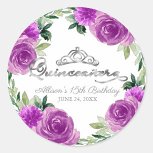 Quinceanera Silver Tiara Purple Floral Classic Round Sticker